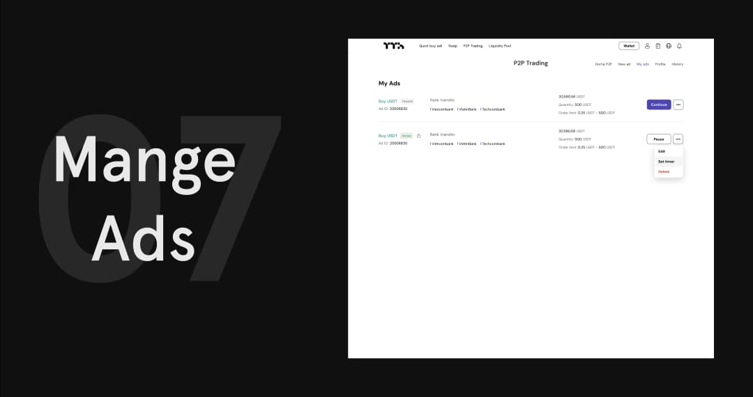 TetherTradeHub manage ads screen
